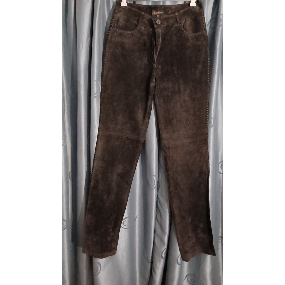 Vintage 'Lisa Lascari' Black Suede Leather Straight Leg Pants Sz 42